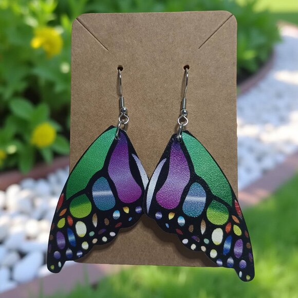 Vegan Leather Green/Purple Butterfly Wing Earrings. - Picture 1 of 4
